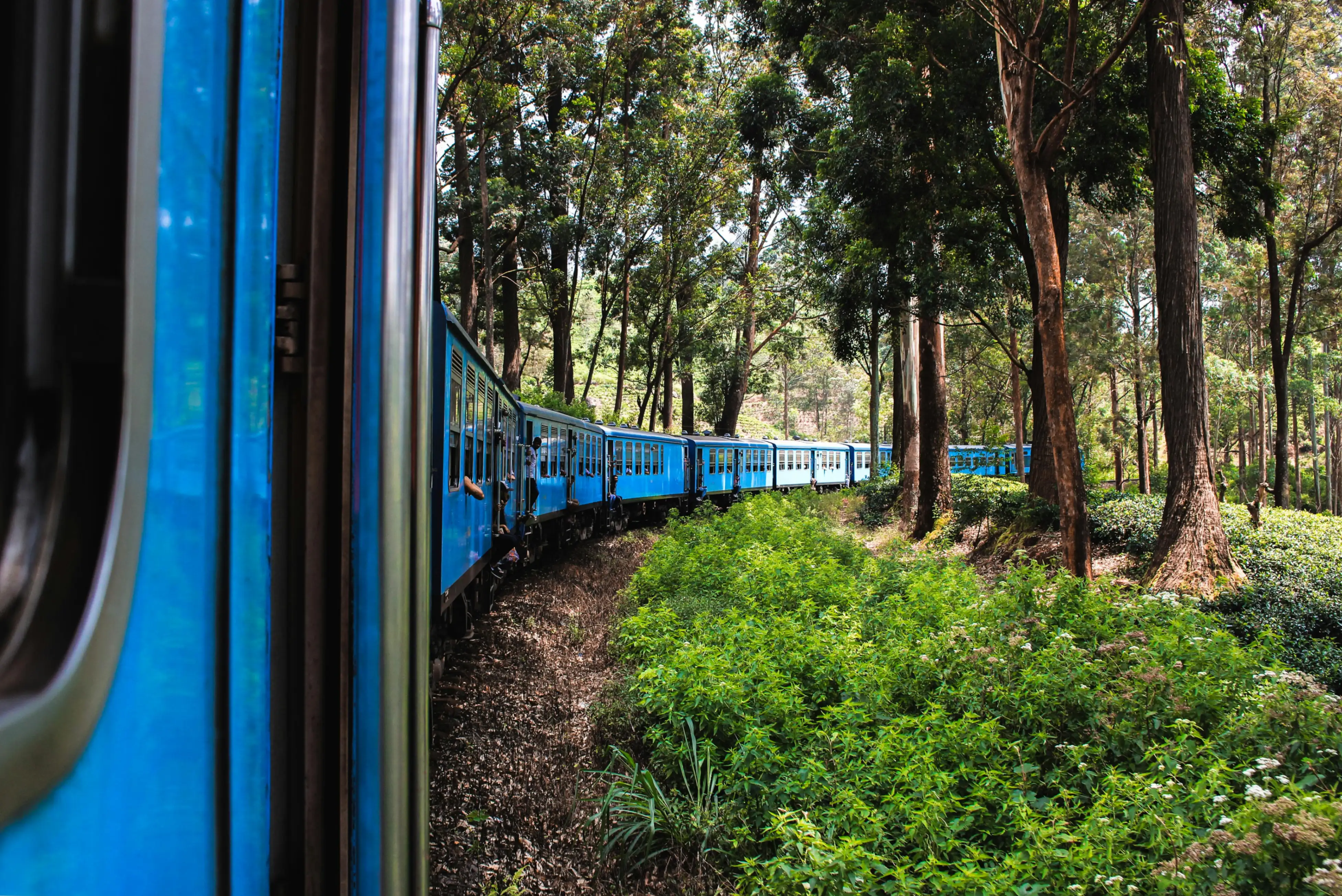 Kandy-to-Ella train crossing the Nine Arch Bridge through misty tea estates