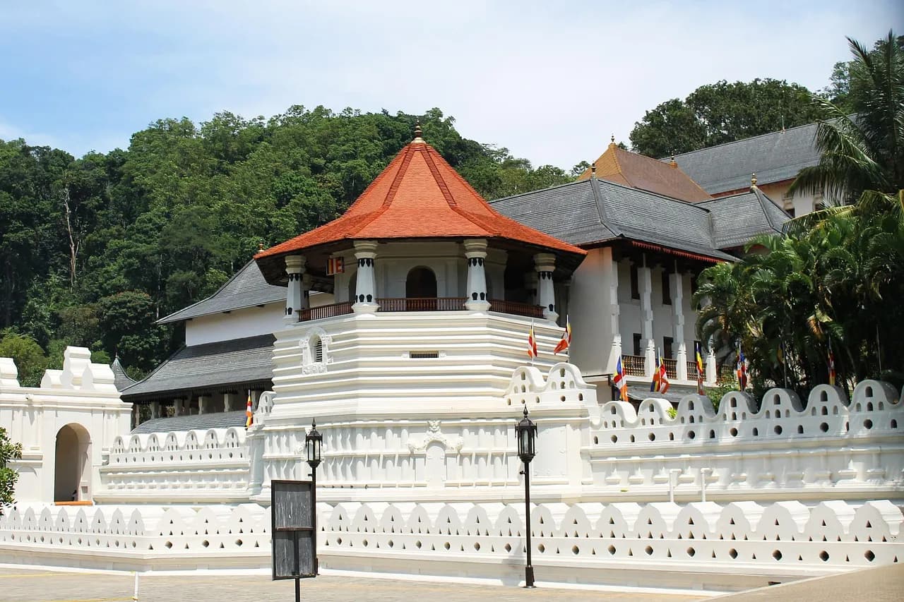Temple of the Tooth Relic illuminated at night beside Kandy Lake