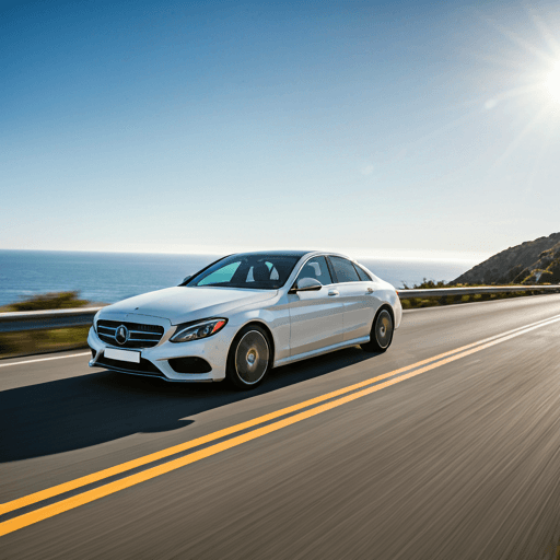 White Mercedes Benz sedan on a coastal road